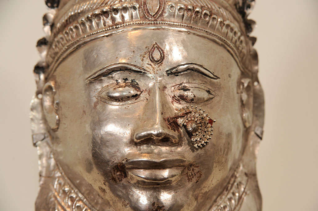Sterling Silver Carved of Parvati, wife of Shiva, relief mask on iron base.