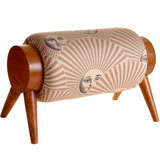Vintage 50s Italian oak footstool upholstered in Fornasetti fabric