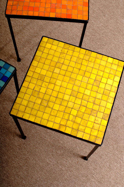 Set of three 50s Murano glass tile mosaic tables. Price is for the set.