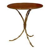 Brass Bamboo Side Table with Red Leather Top