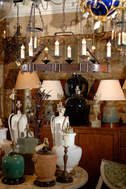 Eight Light Leather and Iron Chandelier