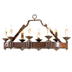 Eight Light Leather and Iron Chandelier