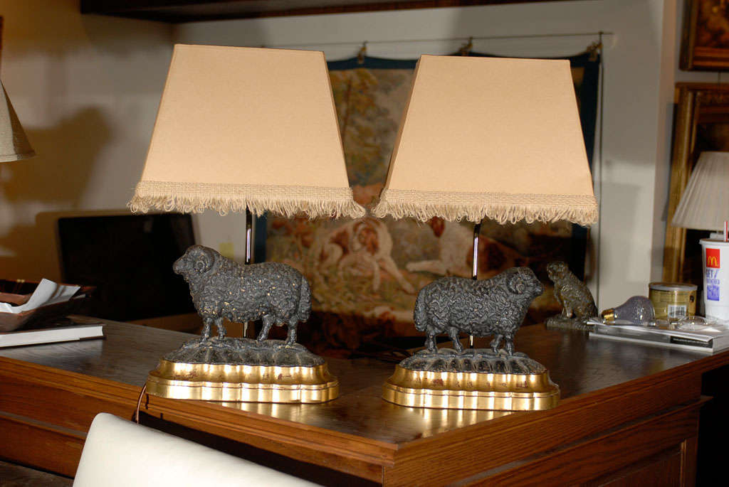 Pair of English Iron Sheep Lamps
