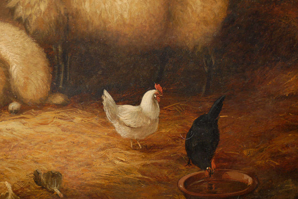 Grande peinture anglaise des années 1880 représentant des moutons et des poulets dans une grange par W. Topham en vente 1