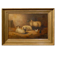 Large Antique Sheep Painting on Canvas in Antique Gilt Wood Frame 8