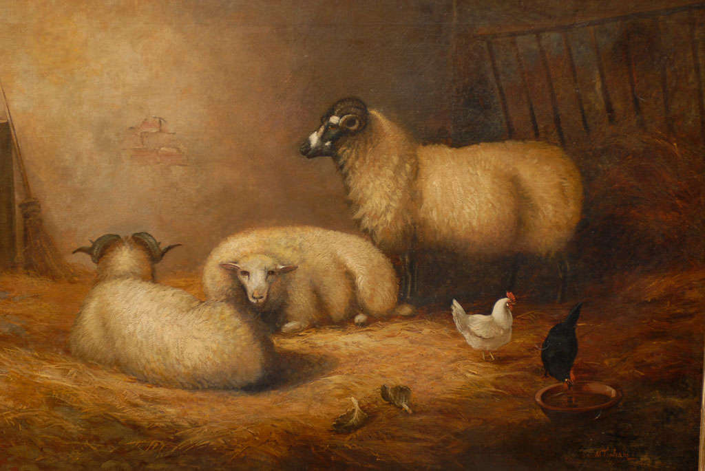 Large English 1880s Painting Depicting Sheep and Chickens in a Barn by