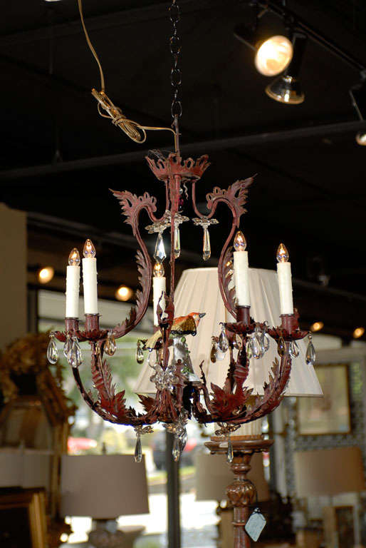French painted iron and crystal chandelier with Meissen porcelain bird and six lights.<br />
<br />
To see more items from Foxglove Antiques, please visit our website: www.foxgloveantiques.com