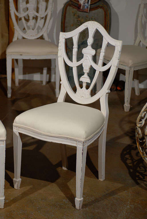 Carved Set of Six Danish 19th Century Hepplewhite Shield Style Painted Dining Chairs