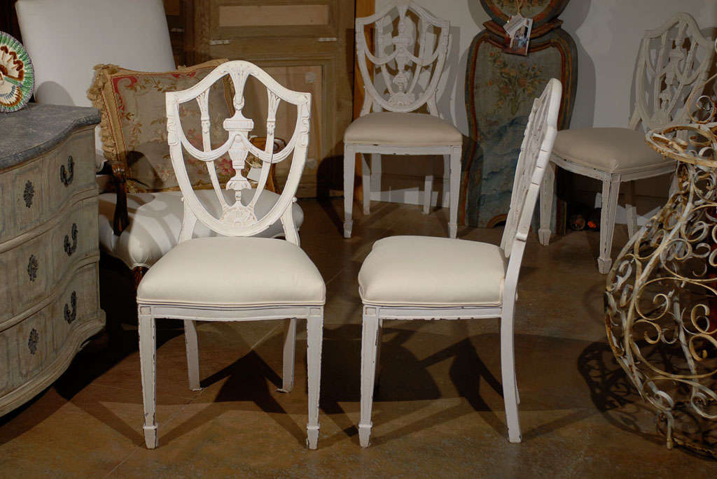 Set of Six Danish 19th Century Hepplewhite Shield Style Painted Dining Chairs In Good Condition In Atlanta, GA