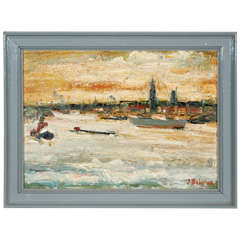 Belgian Boats at Antwerp Oil Painting, Circa 1900 Belgian Boats at Antwerp Oil Painting, Circa 1900