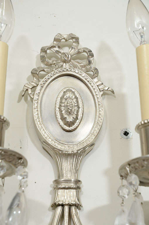 American Pair of Hollywood Brushed Nickel & Rock Crystals Sconces w/ Neoclassical Details For Sale