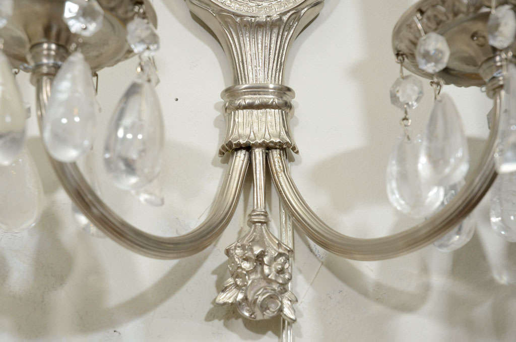 Pair of Hollywood Brushed Nickel & Rock Crystals Sconces w/ Neoclassical Details In Excellent Condition For Sale In New York, NY