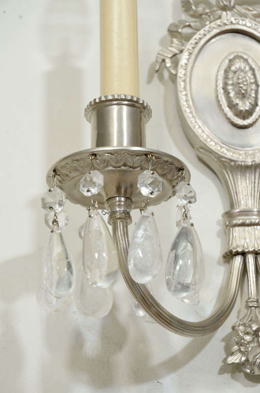 Mid-20th Century Pair of Hollywood Brushed Nickel & Rock Crystals Sconces w/ Neoclassical Details For Sale