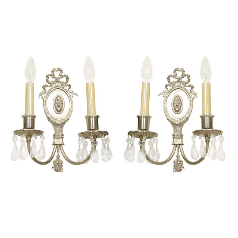 Pair of Hollywood Brushed Nickel & Rock Crystals Sconces w/ Neoclassical Details