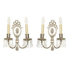 Vintage Pair of Hollywood Brushed Nickel & Rock Crystals Sconces w/ Neoclassical Details