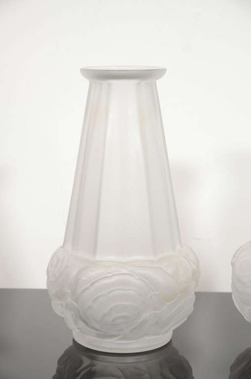 Blown Glass Pair of Handblown French Art Deco Frosted Glass Vases by Espaivet