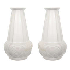 Pair of Handblown French Art Deco Frosted Glass Vases by Espaivet