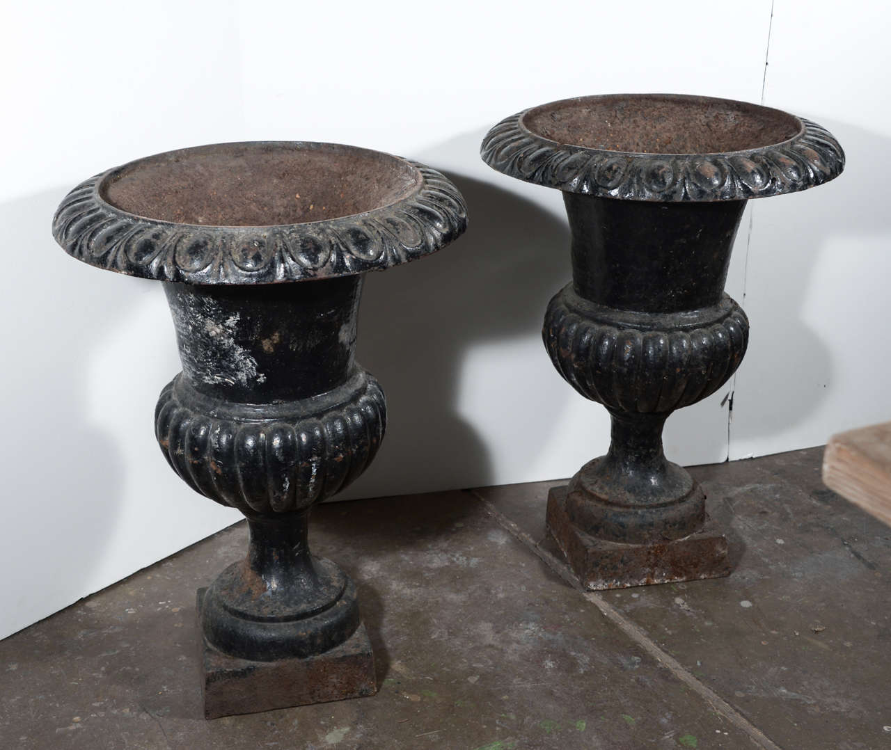 19th century pair of french  iron cast painted black urns