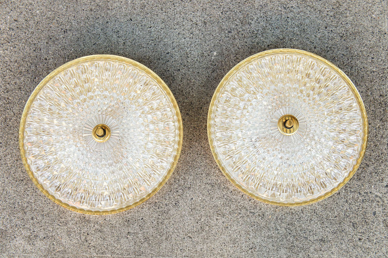Pair Of Orrefors Pressed Glass And Brass Ceiling Lights