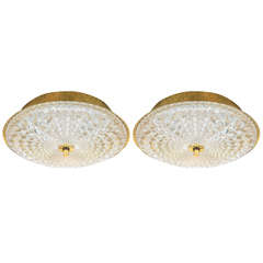 Vintage Pair Of Orrefors Pressed Glass And Brass Ceiling Lights