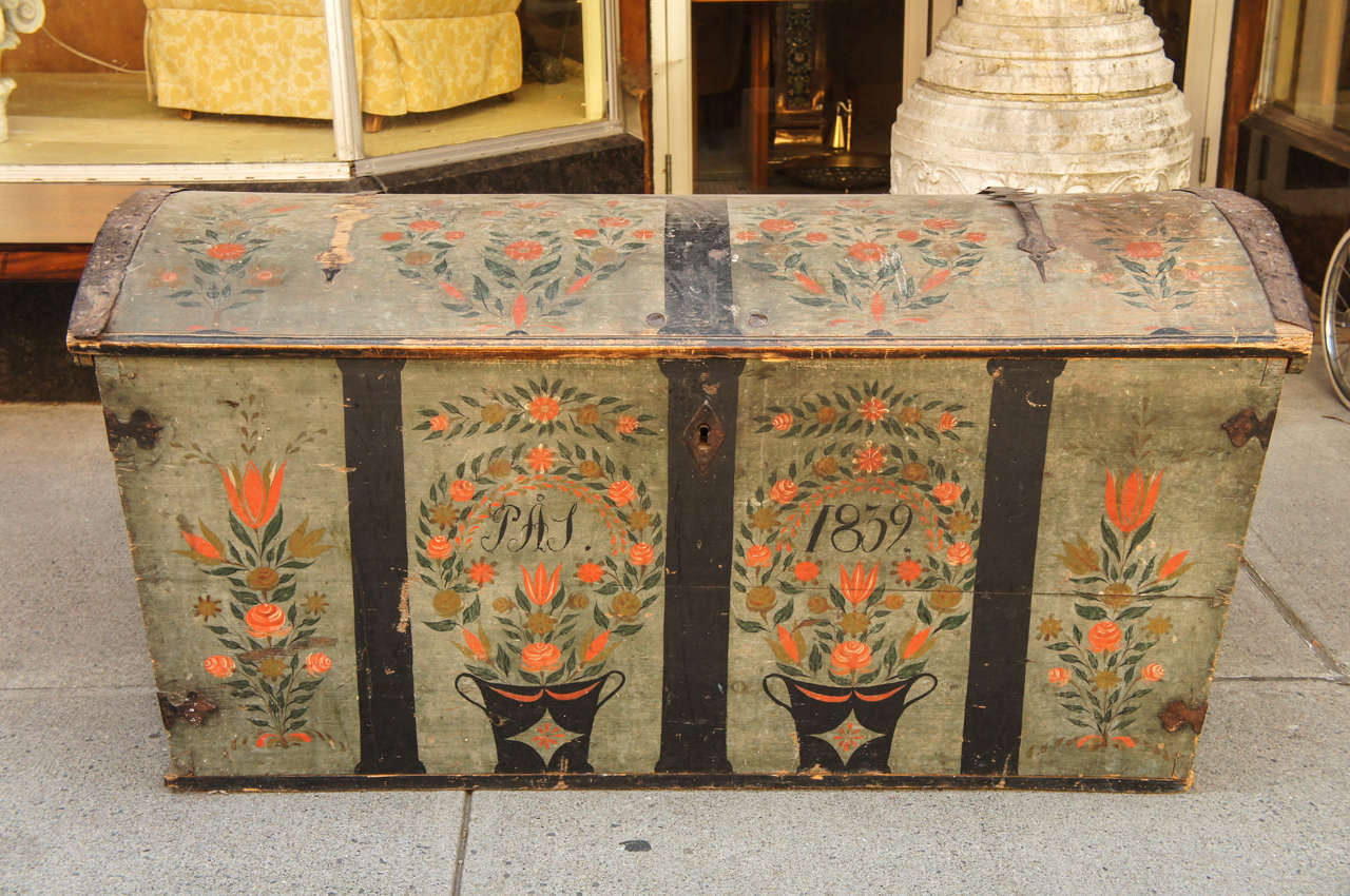 Danish Bridal Chest with Original Paint.  Dated 1859 in pine, banded with iron.