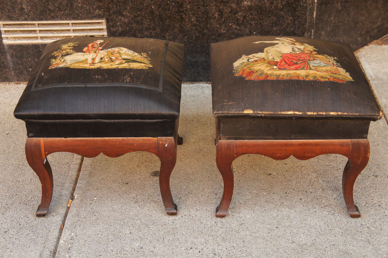 The stools upholstered in black horsehair with needlepoint depicting 18th century style scenes.  The upholstery on mahogany frames with out-curved legs and shaped aprons.
Former collection of the Museum of the City of New York.