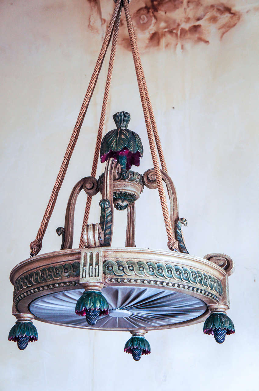 French Late 19th Century Carved & Painted Wood Light Fixture