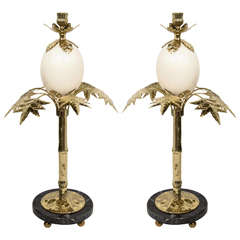Vintage Pair of Brass & Exotic Ostrich Egg Candlesticks in the Style of Anthony Redmile