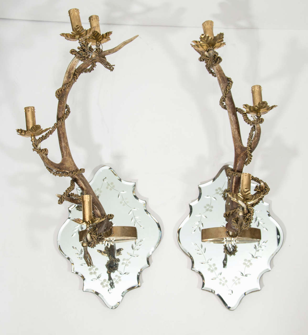 Pair of Venetian Mirrored & Antler Sconces in the Manner of Anthony Redmile