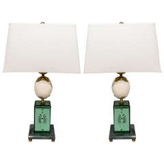 Pair of Emerald Mirrored & Ostrich Egg Lamps in the Style of Anthony Redmile