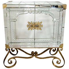 Venetian Mirrored Moroccan Cabinet with Scrolled Gilt Iron Base