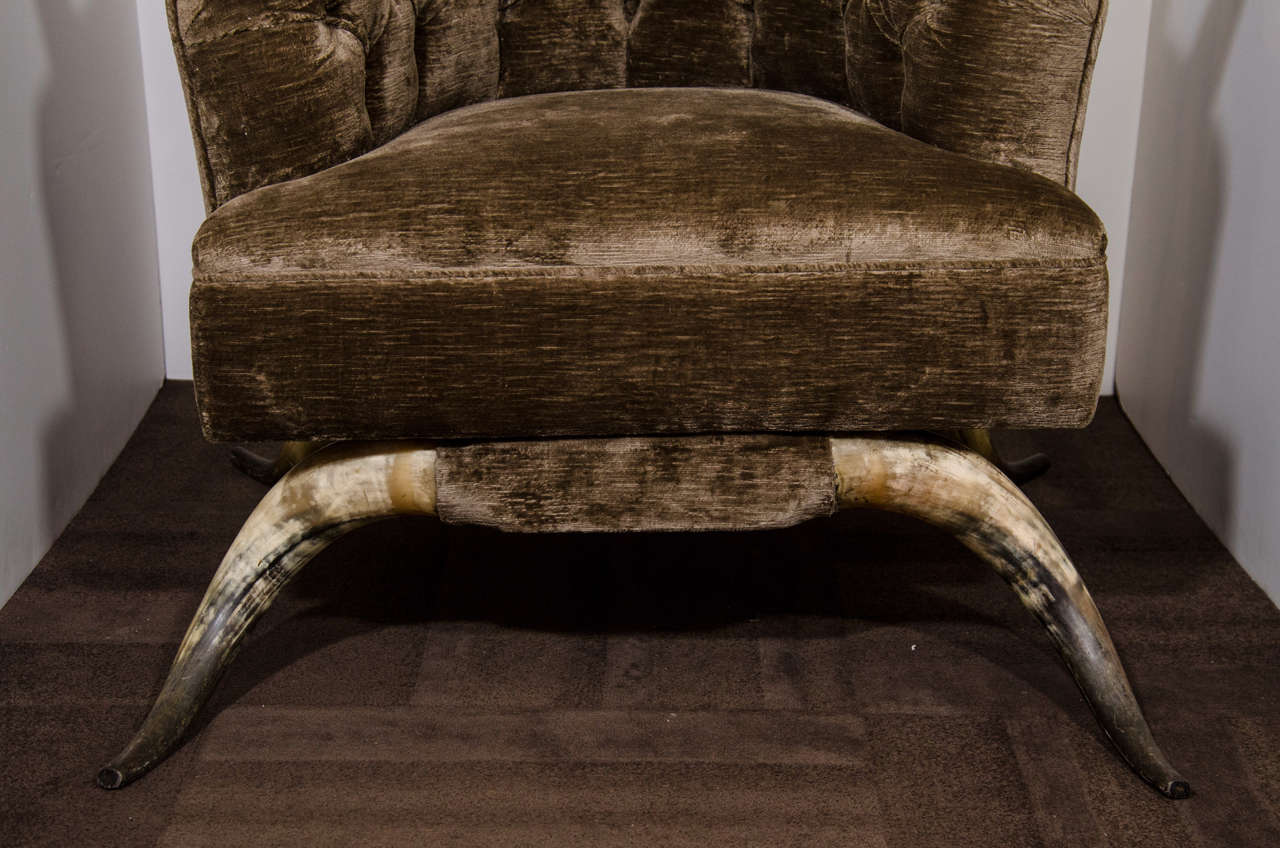 American Rare Victorian Long Horn & Steer Horn Tufted Club Chair