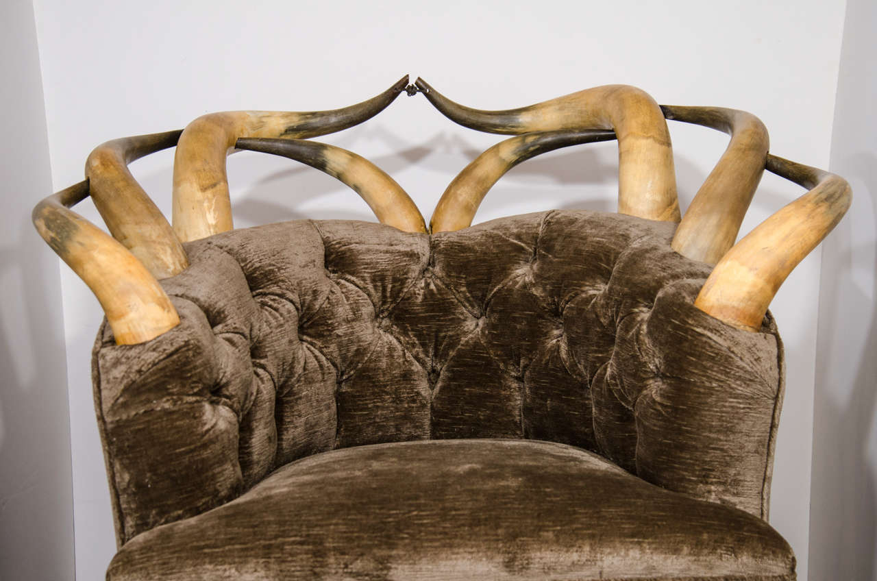 Rare Victorian Long Horn & Steer Horn Tufted Club Chair In Excellent Condition In Fort Lauderdale, FL