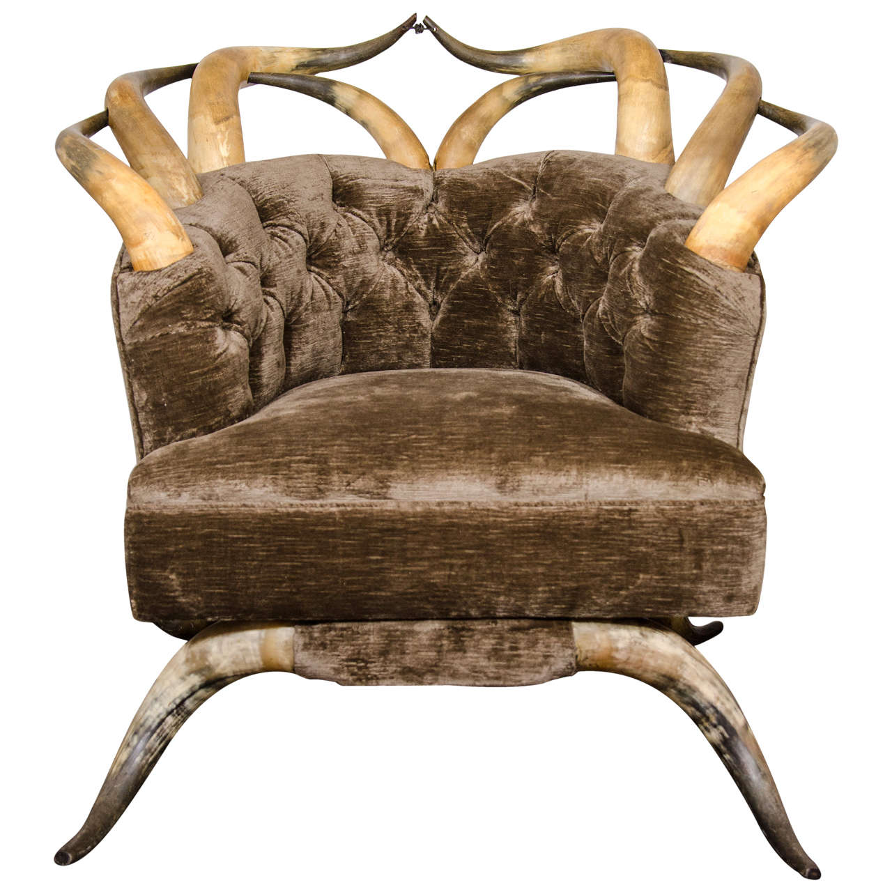 Rare Victorian Long Horn & Steer Horn Tufted Club Chair