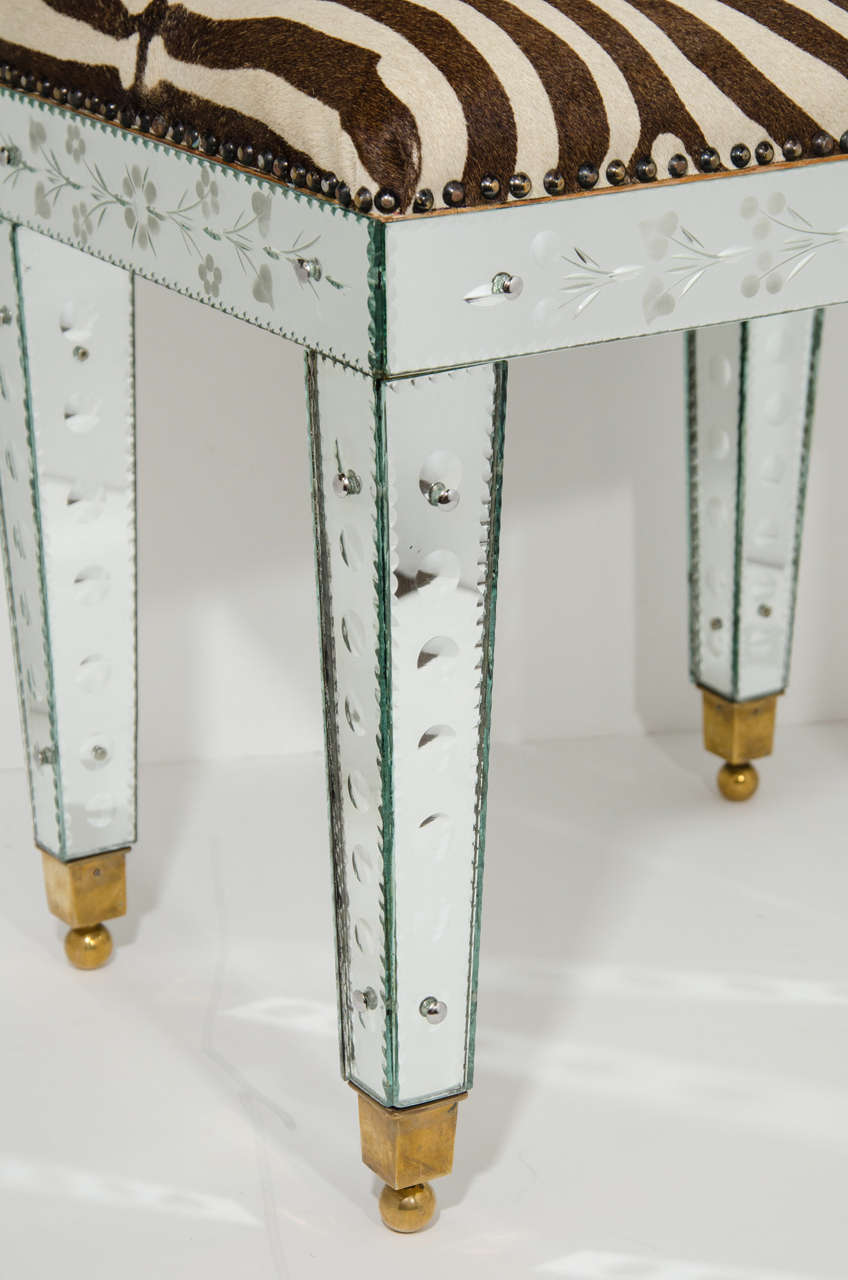 French Exquisite Venetian Mirrored Bench with Vintage Zebra Hide