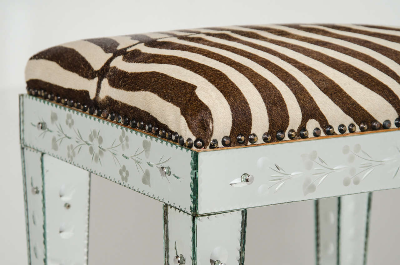 Exquisite Venetian Mirrored Bench with Vintage Zebra Hide In Excellent Condition In Fort Lauderdale, FL