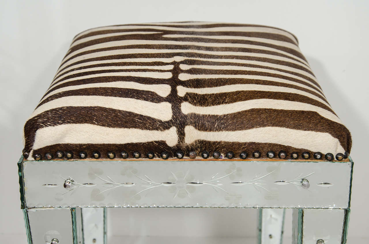 Exquisite Venetian Mirrored Bench with Vintage Zebra Hide 1