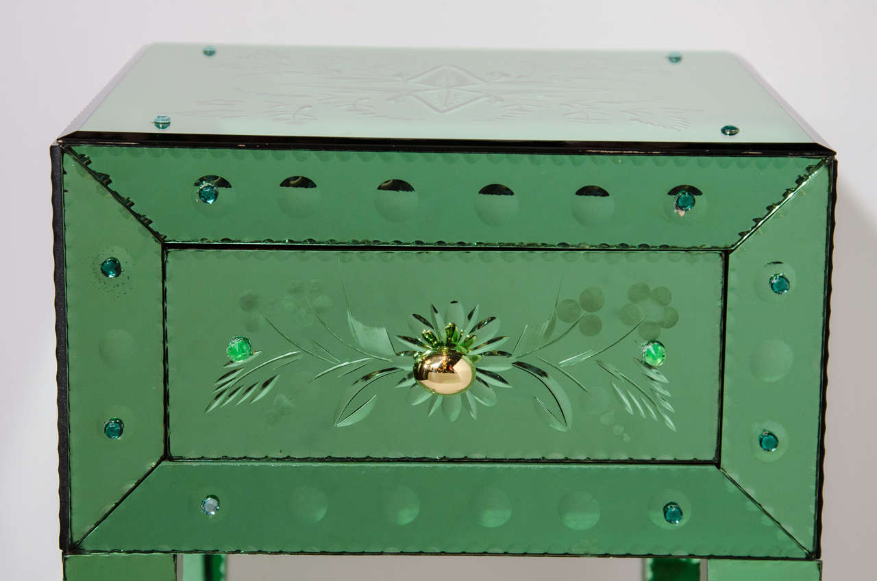 French Pair of Emerald Venetian Mirrored End Tables with Reverse Etched Designs