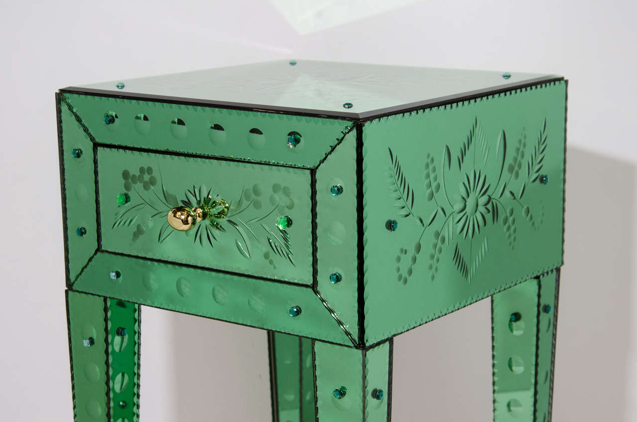 20th Century Pair of Emerald Venetian Mirrored End Tables with Reverse Etched Designs