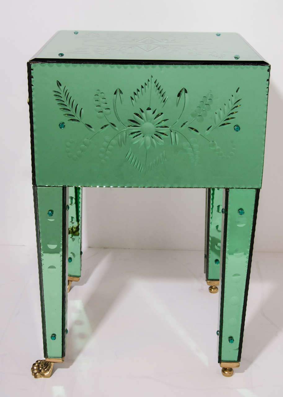 Pair of Emerald Venetian Mirrored End Tables with Reverse Etched Designs 2