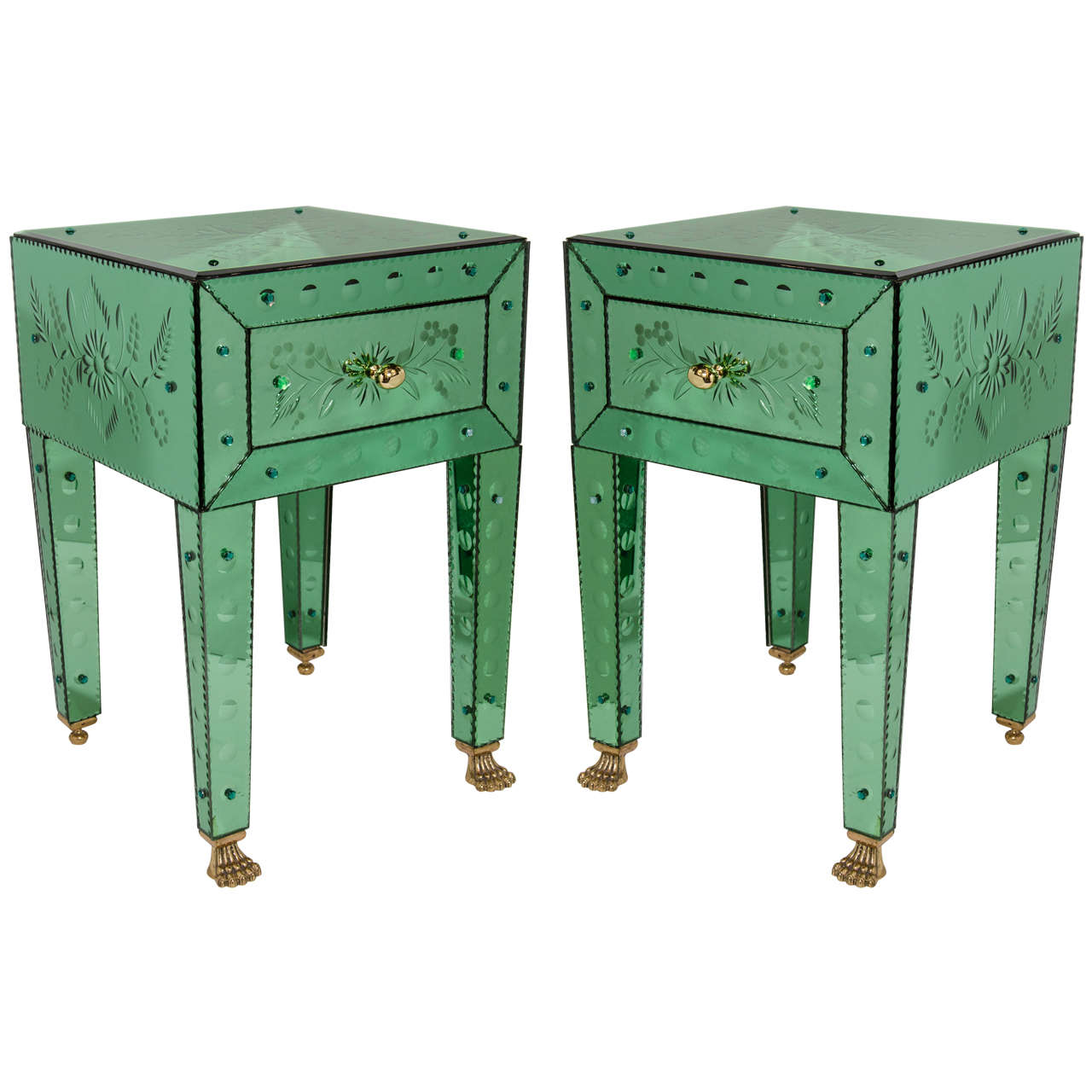 Pair of Emerald Venetian Mirrored End Tables with Reverse Etched Designs