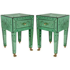 Pair of Emerald Venetian Mirrored End Tables with Reverse Etched Designs