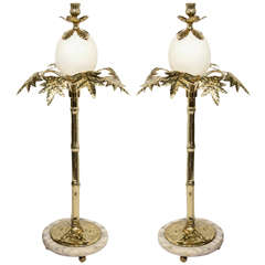 Vintage Pair of Exotic Ostrich Egg & Brass Candlesticks in the Manner of Anthony Redmile
