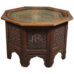 Carved Wood Indian Side Table With Glass Top