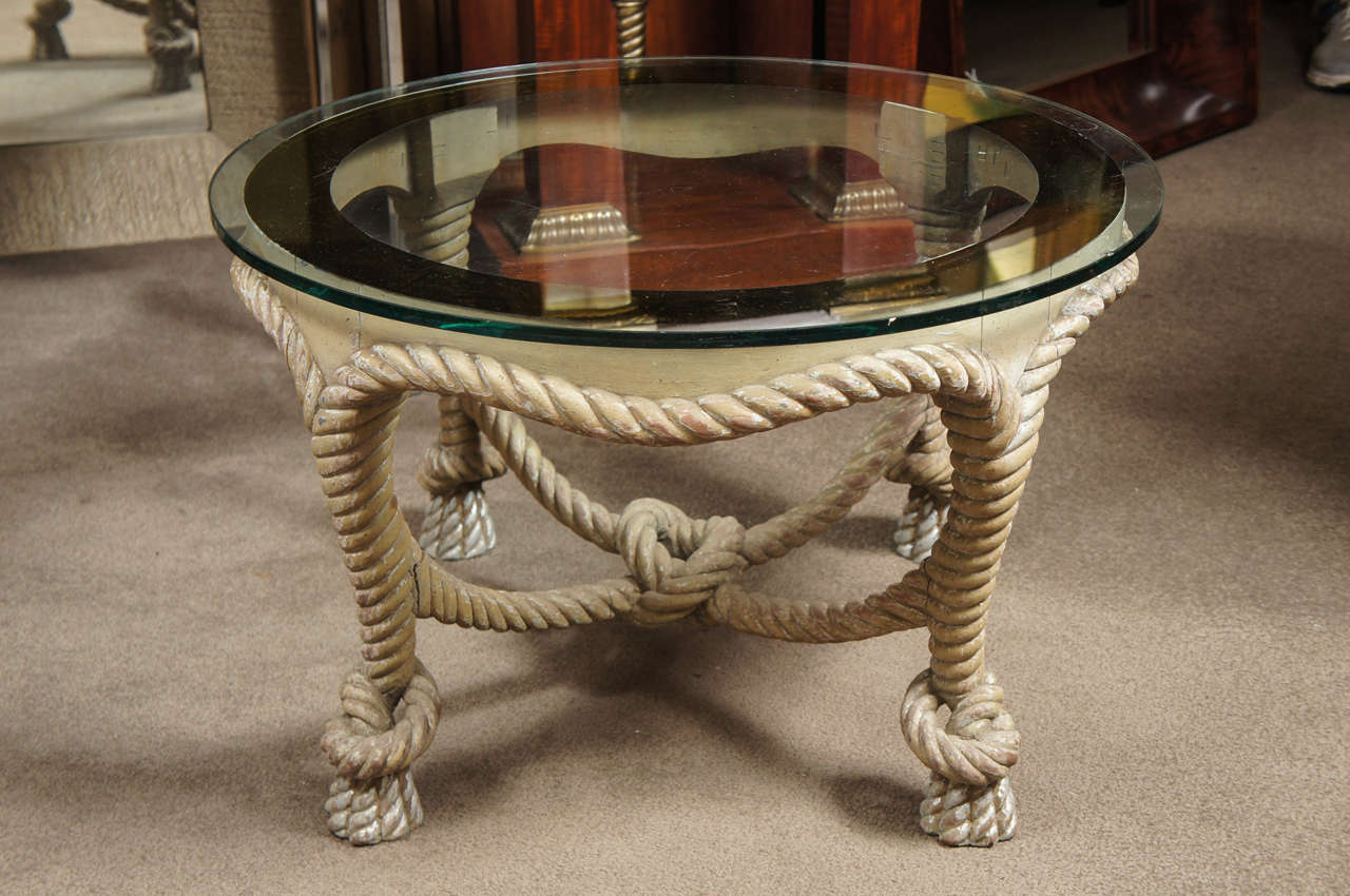 Carved wood table in the form of rope with verre églomisé circular glass top. Napoleon III style.