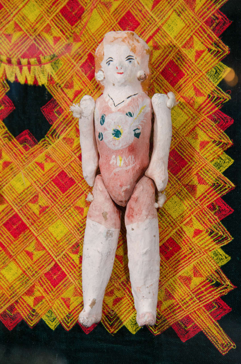 Velvet Pair of Mexican Papier Mâché Dolls in a Shadowbox For Sale