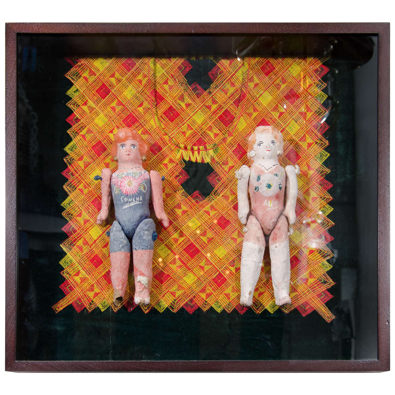 Pair of Mexican Papier Mâché Dolls in a Shadowbox For Sale