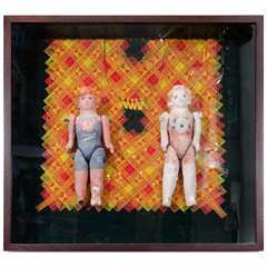 Vintage Pair of Mexican Papier Mâché Dolls in a Shadowbox