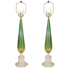 Midcentury Pair of Green Murano Glass Seguso Lamps