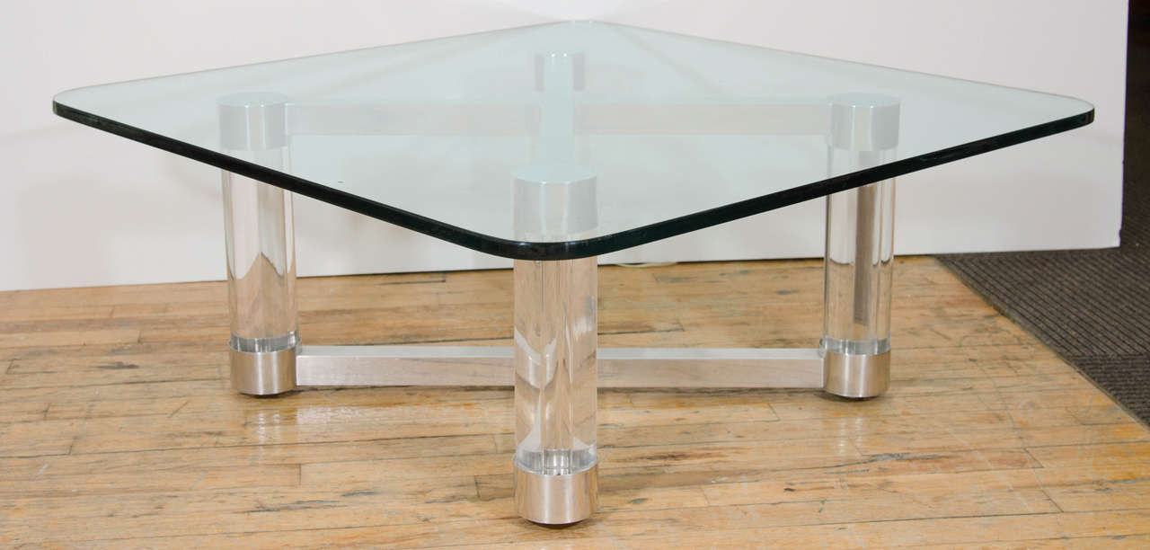 A vintage Lucite and chrome Karl Springer style X-base coffee or cocktail table with 3/4